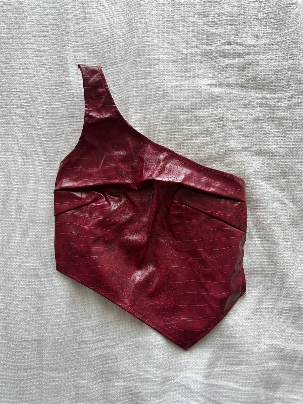 One-Shoulder Vegan Leather Snakeskin Corset Top in Burgundy